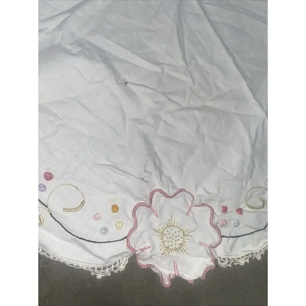Handmade Embroidered Floral Round Cotton Tablecloth Crochet Lace Edge 40”